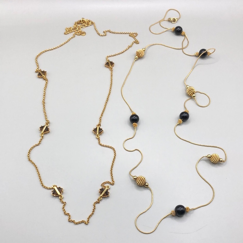 Curated bundle 2 vintage gold tone chain station necklaces long, designer style.